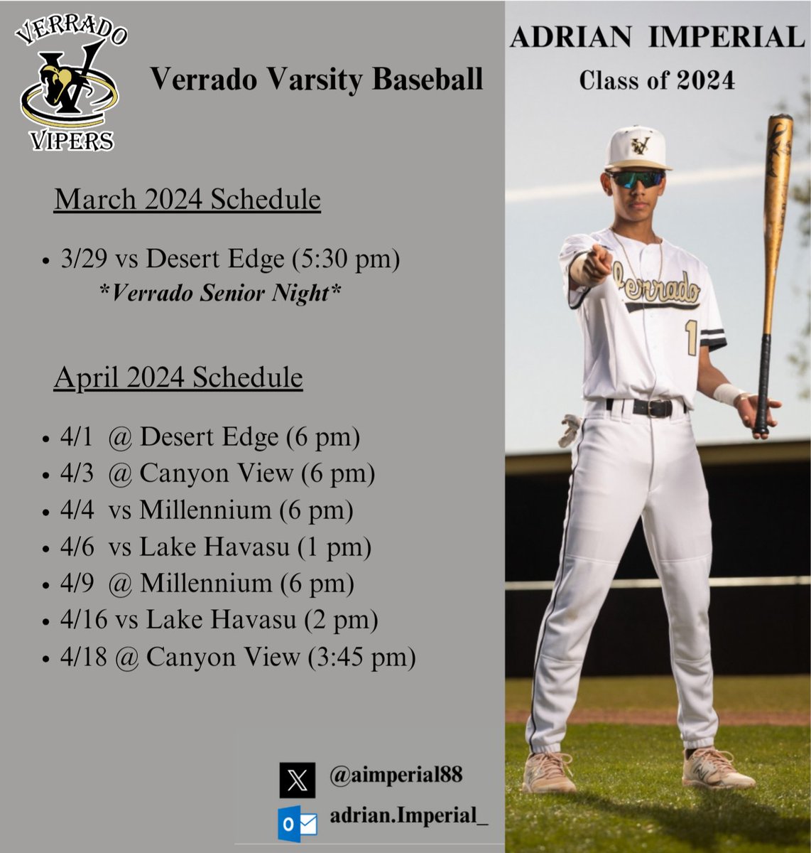 My remaining season schedule!
#classof2024 #uncommitted #verradohighschool #azbaseball #workhardplayhard