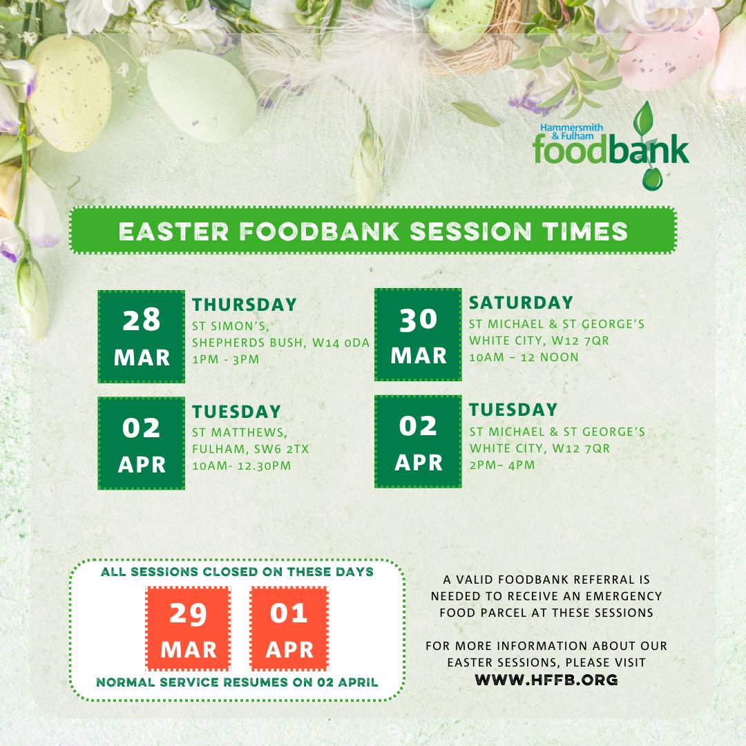 🌷🐣 Happy Easter Bank Holiday Weekend! 🐰🌼 If you or someone you know needs support, here are our opening times during the festive period. Wishing everyone a joyful celebration! 🥚 #Easter2024 #HammersmithAndFulhamFoodbank