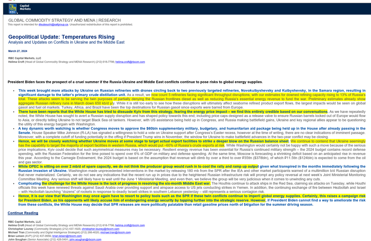 Energy_Tidbits's tweet photo. Must read from well plugged-in, not subject to hyperbole @CroftHelima. 

Multiple geopolitical risk premium events over the coming weeks/months, NOT years.

#OOTT https://t.co/JnxJmyyAeo