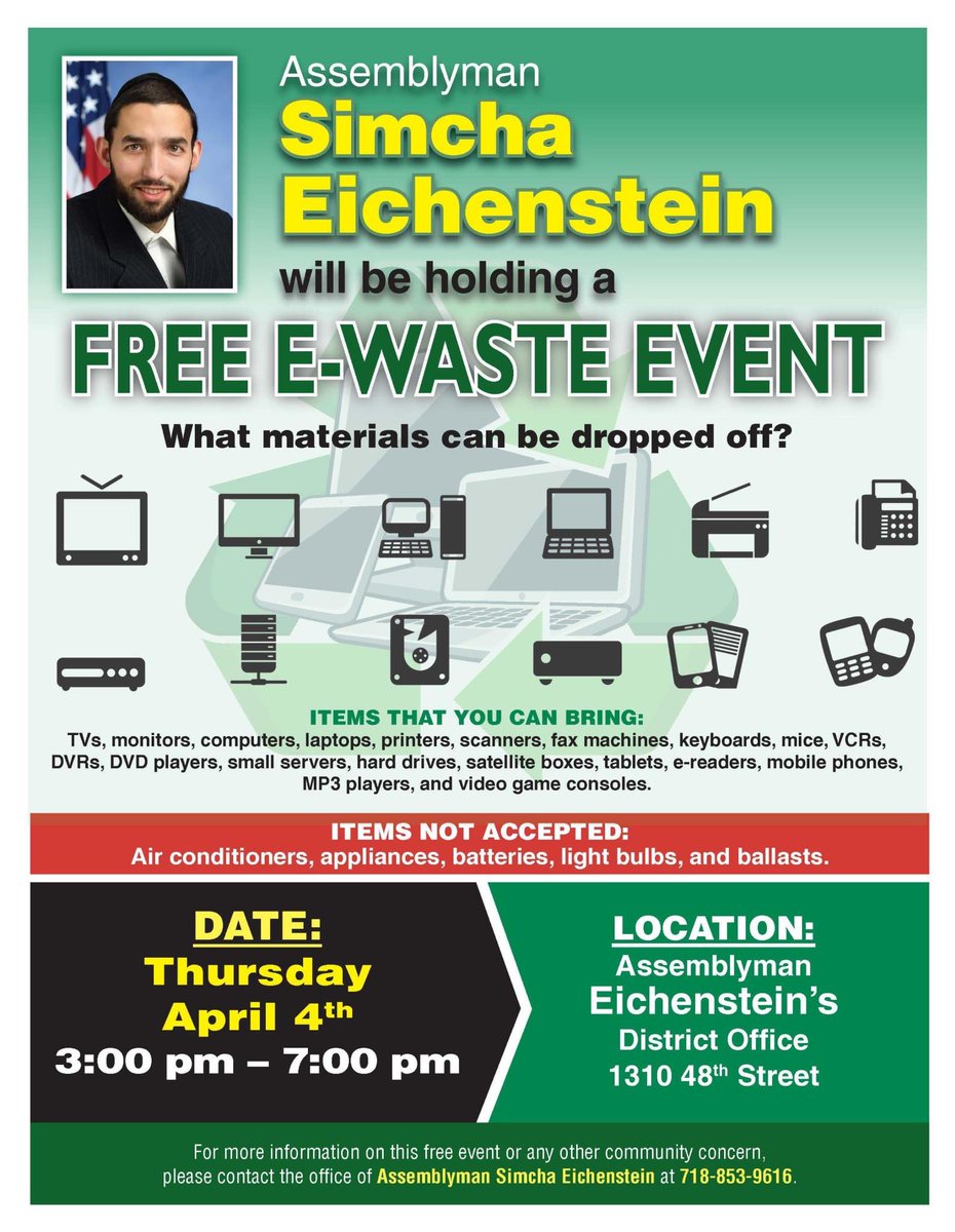 Next Thursday, April 4th, I will be hosting a free e-waste event at my district office. It’s a great opportunity to drop off those old electronic items that are collecting dust in your home at no cost.