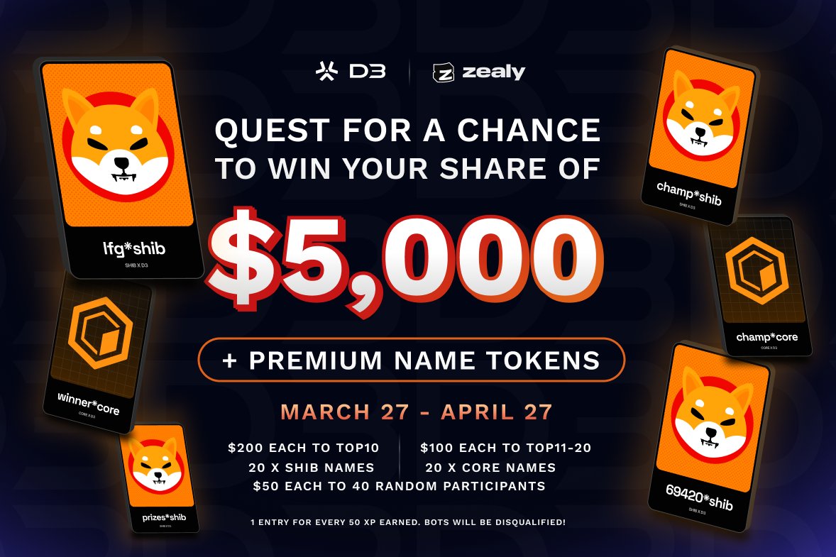 ⚡️Time For Another Round of Quests on @Zealy_io ⚡️

Join our campaign 👉 zealy.io/cw/d3app/

🏆 $5K in USDC &amp; premium Name Tokens up for grabs, more details below 👇