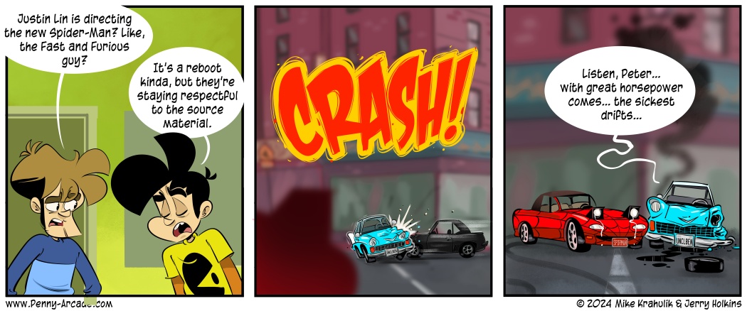 Sound off with your guesses about which cars represent which Spider-Man characters! penny-arcade.com/comic/2024/03/…
