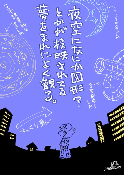 夜空に何か図形?とかが投影されてる夢をまれによく観る。 #夢日記 