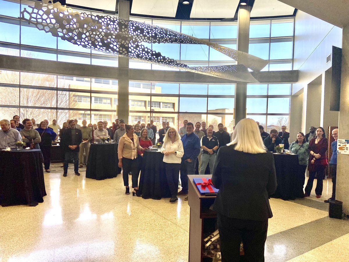A nice crowd gathered in the LEEP2 McClendon Atrium for the official welcome for Dean Mary Rezac to the KU School of Engineering. Welcome and Rock Chalk!