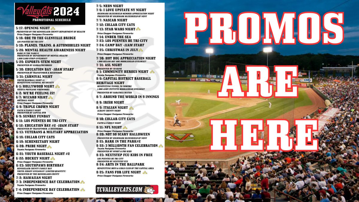 Attention 'Cats fans! The 2024 Promo Schedule is out now! Plan the fun you want to be a part of at 'The Joe', and be ready to buy individual tickets at 10 AM tomorrow. Click here to see the full promo schedule: bit.ly/3TyLcJG Read more 📰: bit.ly/3VyQSpu