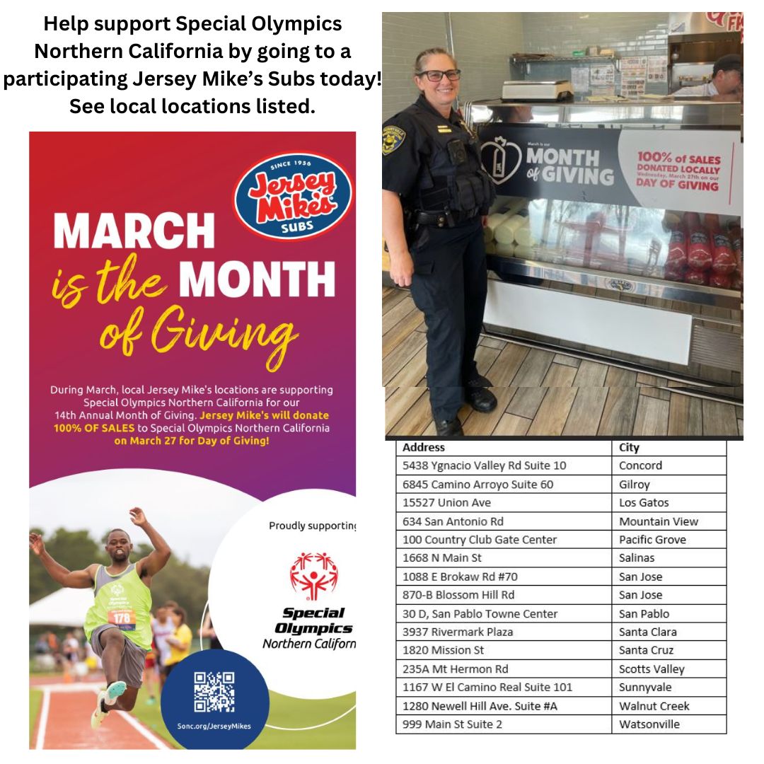 Today’s the day! It’s Jersey Mike’s Subs “Day of Giving”! Today, at Jersey Mike’s Subs locations listed, 100% of sales will be donated to Special Olympics Northern California (SONC) athletes! Enjoy a great meal and contribute to SONC today, March 27!