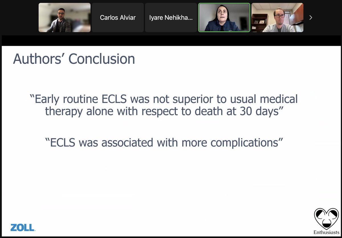 1st JC of ECLS-SHOCK by @CCCEnthusiasts! 🌟@ElliottMillerMD teaching stats & design - 🗝️ to understand trials 🌟Inclusion/Exclusion criteria=huge implications 🌟Where does this leave #ECMO in CS? 🌟Something else at play in these pts? @carlosalviar @JasonKatzMD @BalimSenmanMD