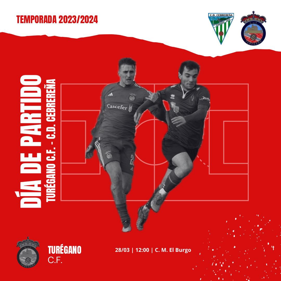 TuréganoCF (@tureganocf) on Twitter photo ♦️ 1ª Regional Aficionados ♦️
⚽️ JORNADA 20 ⚽️
📅 Jueves 28/03
⏰ 12:00
🏟️ C.M El Burgo
🆚 <a href="/CDCebre/">C.D. Cebrereña</a>
📸 <a href="/CyLalTanto/">🇵🇸🔻Castilla y León al tanto🖤M.J.L.Z.🖤🇵🇸</a>
◻️ Recuperación del partido aplazado contra un rival de gran experiencia y solvencia dentro de la categoría regional.
#TodoAlRojo #TureganoCf ♦️ 1ª Regional Aficionados ♦️
⚽️ JORNADA 20 ⚽️
📅 Jueves 28/03
⏰ 12:00
🏟️ C.M El Burgo
🆚 <a href="/CDCebre/">C.D. Cebrereña</a>
📸 <a href="/CyLalTanto/">🇵🇸🔻Castilla y León al tanto🖤M.J.L.Z.🖤🇵🇸</a>
◻️ Recuperación del partido aplazado contra un rival de gran experiencia y solvencia dentro de la categoría regional.
#TodoAlRojo #TureganoCf