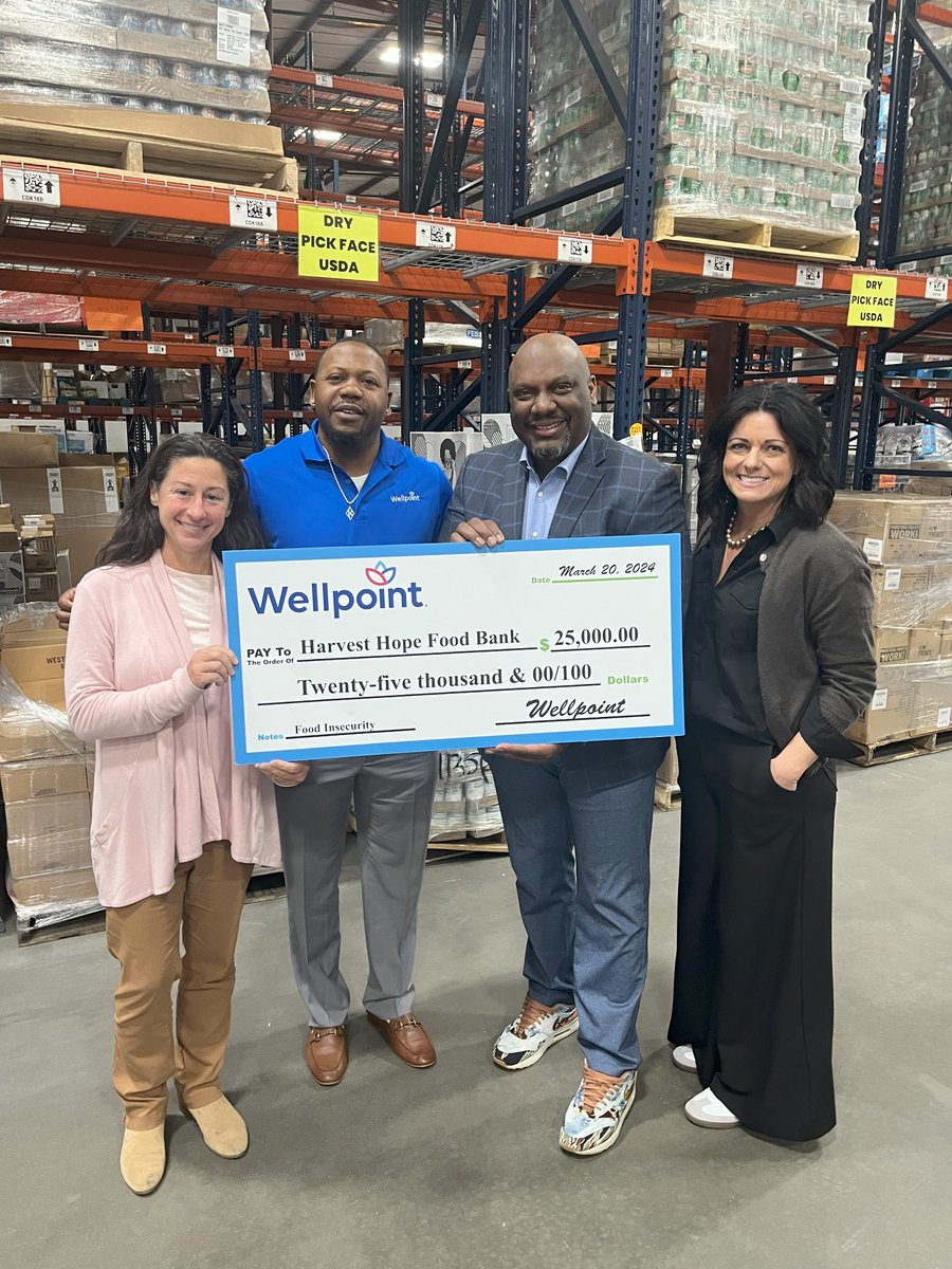 Thank you @wellpoint for your generous donation to Harvest Hope! Your gift will help us feed neighbors in the communities we serve, address food insecurity, and build a hunger-free tomorrow. #HarvestHopeFoodBank #EndHungerNow