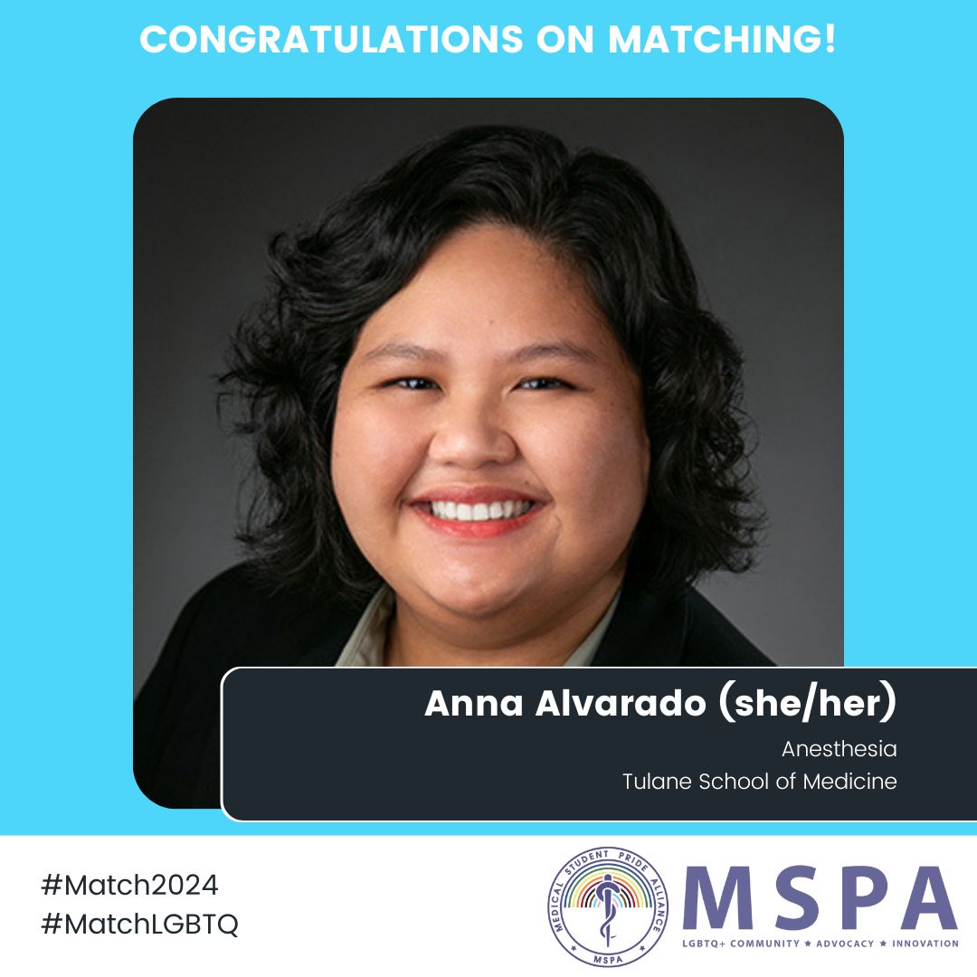 Congratulations to Anna Alvarado for matching into Anesthesia at Tulane School of Medicine! #MedPride #Match2024 #MatchLGBTQ #MSPA