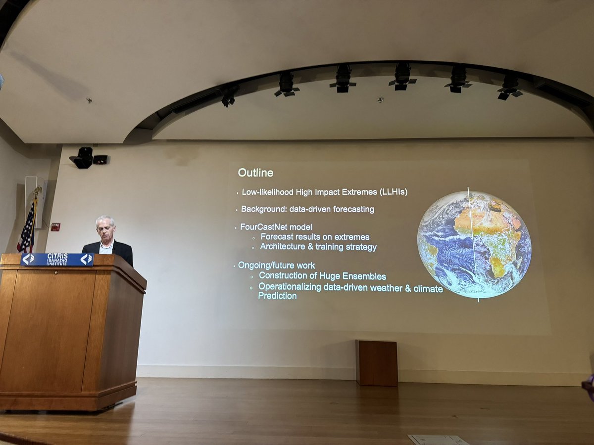 Bill Collins from @BerkeleyLab talking about extreme weather forecasting using #AI at @BerkeleyDataSci AI and physical sciences for climate innovation symposium