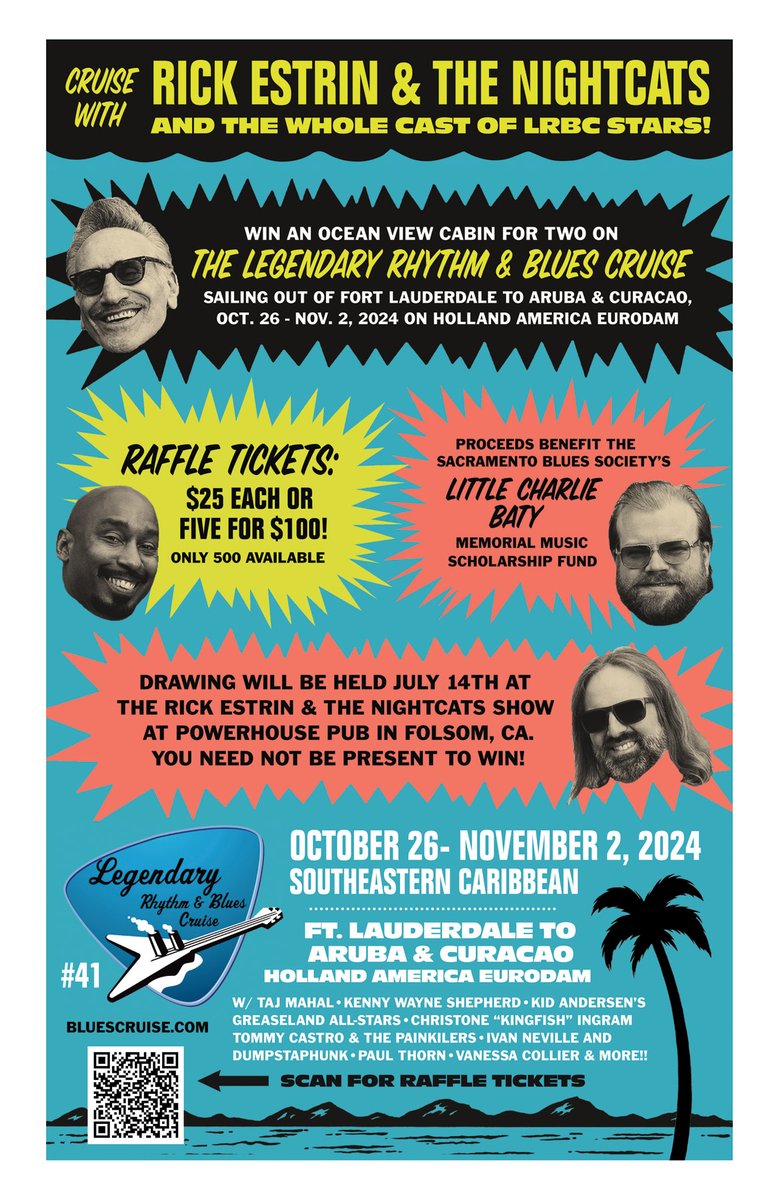 BluesFestGuide's tweet image. LRBC #41 RAFFLE w/ Rick Estrin and the Nightcats! To benefit Sacramento Blues Society's Little Charlie Baty Memorial Music Fund

Link to raffle:
zeffy.com/en-US/ticketin…

Win an ocean view cabin for two on the Legendary Rhythm &amp;amp; Blues Cruise #41!!!!