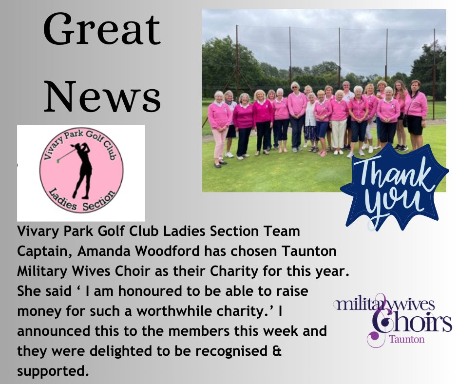 We so excited to be chosen by Vivary Park Golf Club Ladies Section team captain Amanda Woodford as her Charity for this year🥰. Using the power of singing to bring these ladies together through their military connections and to feel welcome, familiar& connected.
