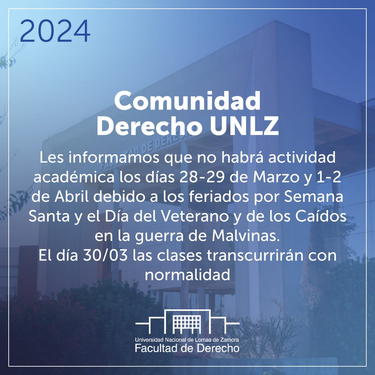 Hola Comunidad #DerechoUNLZ 👋

Les recordamos que habrá clases con normalidad el día sábado 30/03❗️