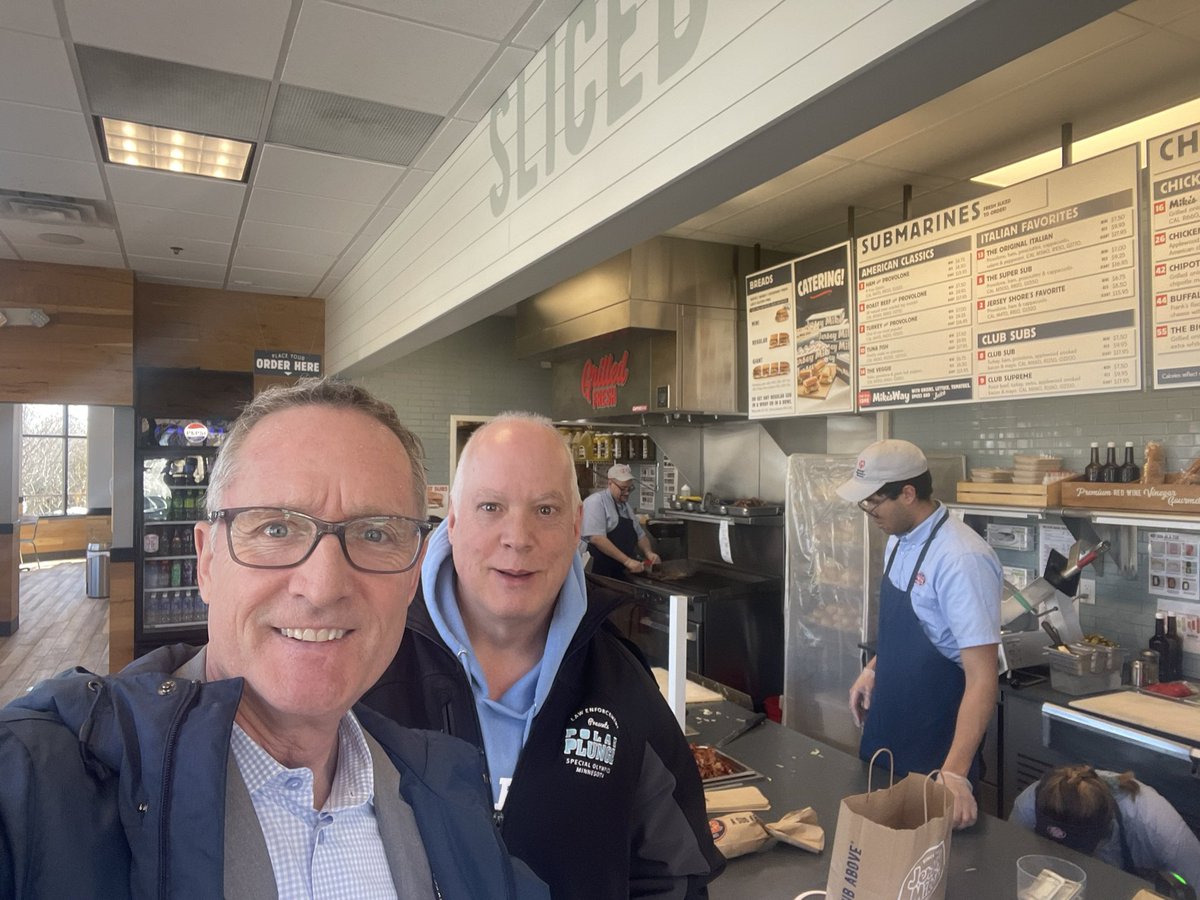 At @jerseymikes with my dear friend and @SOMinnesota athlete David Persons…100% of sales at Jersey Mike's Subs will be donated to Special Olympics Minnesota today…go eat a sandwich!!!