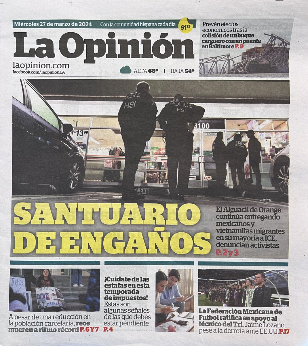 Today, the front page of the newspaper @laopinionla and its first pages were entirely dedicated to denouncing the collaboration between the Orange County sheriff and ICE.