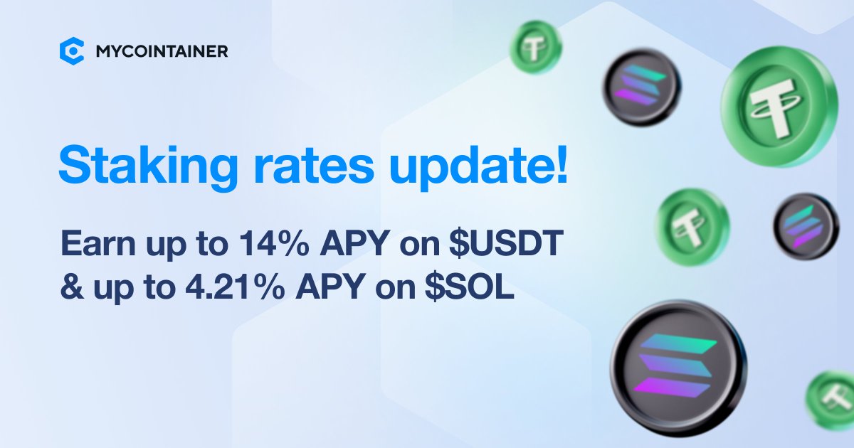 🚀 Update Alert! MyCointainer brings you an improved #staking experience: 🔹 $USDT staking now offers a solid 14% APY 🔹 $SOL staking is also enhanced to 4.21% APY Start staking now and maximize your rewards with MyCointainer! 💰 mycointainer.com