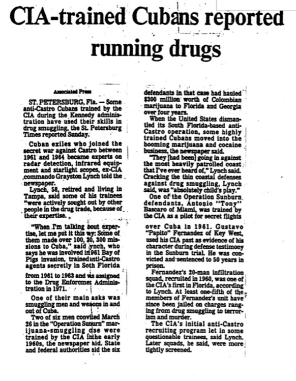 On the prevalence of #CIA-associated #Cuban exiles gaining ground in the booming narcotics trade, the AP obtained information from #CIA veteran and #BayOfPigs training officer #GraystonLynch…who left the Agency to work for…wait for it…the #DEA. 

(Wilmington News-Journal,…