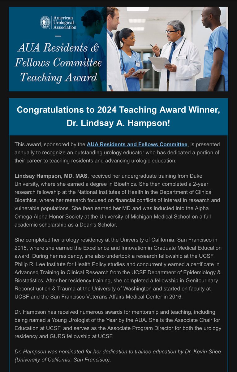Kevin Shee, MD, PhD (@kshee11) on Twitter photo Thrilled to congratulate our <a href="/UCSFUrology/">UCSFUrology</a> program director <a href="/lindsayahampson/">Lindsay Hampson</a> on being this year’s recipient of the 2024 <a href="/AmerUrological/">Amer. Urol. Assn.</a> Teaching Award! She’s a superstar and master educator, and the residents are so grateful for her mentorship and support. So well deserved!!! Thrilled to congratulate our <a href="/UCSFUrology/">UCSFUrology</a> program director <a href="/lindsayahampson/">Lindsay Hampson</a> on being this year’s recipient of the 2024 <a href="/AmerUrological/">Amer. Urol. Assn.</a> Teaching Award! She’s a superstar and master educator, and the residents are so grateful for her mentorship and support. So well deserved!!!