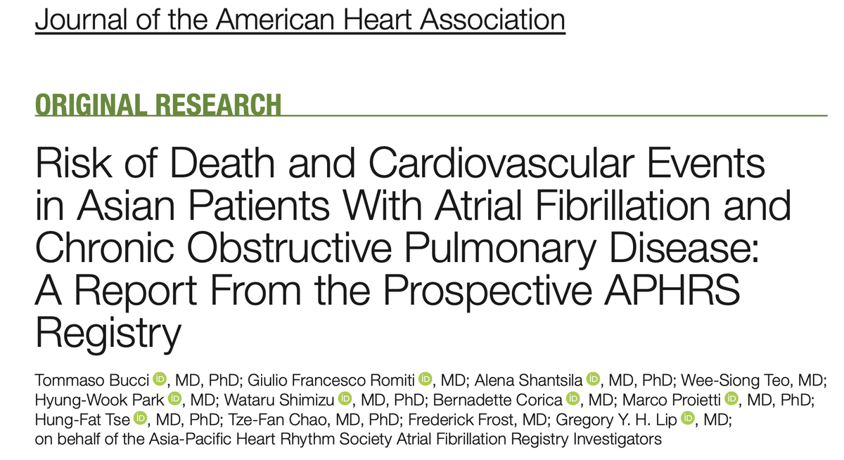 Risk of Death and Cardiovascular Events in Asian Patients With Atrial Fibrillation #Afib and Chronic Obstructive Pulmonary Disease: A Report From the Prospective APHRS Registry @LHCHFT @LJMU_Health @LivHPartners @affirmo_eu @TARGET_horizon |ahajournals.org/doi/10.1161/JA…