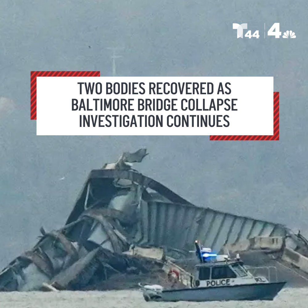 Two bodies have been recovered during the search for workers missing in the collapse of the Key Bridge in Baltimore, officials said. The bodies were found in a red pickup truck that was submerged in about 25 feet of water. nbc4dc.com/nkEwpyQ