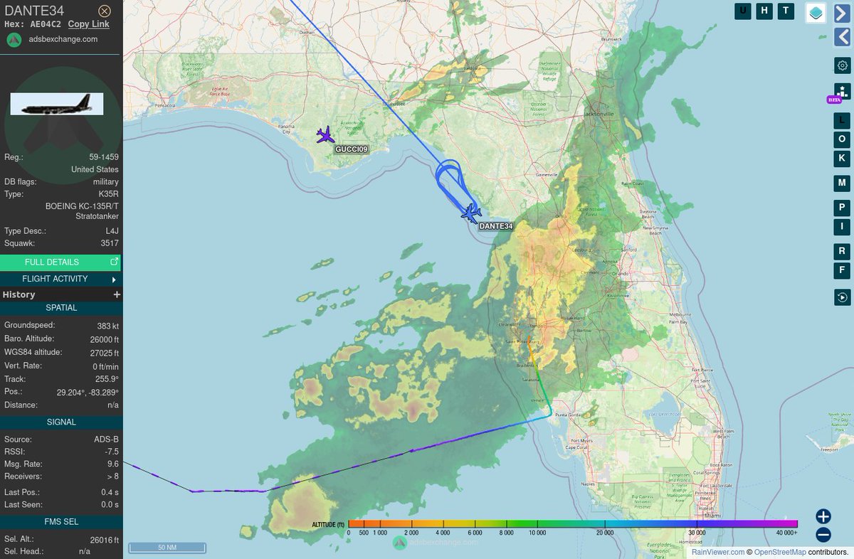 TheIntelFrog's tweet photo. US Air Force KC-135 Stratotanker #AE04C2 as DANTE34 has entered a hold in the FL Big Bend as storms batter MacDill AFB, FL. Reports are DANTE34 picked up the USAF Thunderbirds near Amarillo, TX.
USAF KC-10A Extender #AE022F as GUCCI09 is also inbound to MacDill. He may enter a hold shortly.