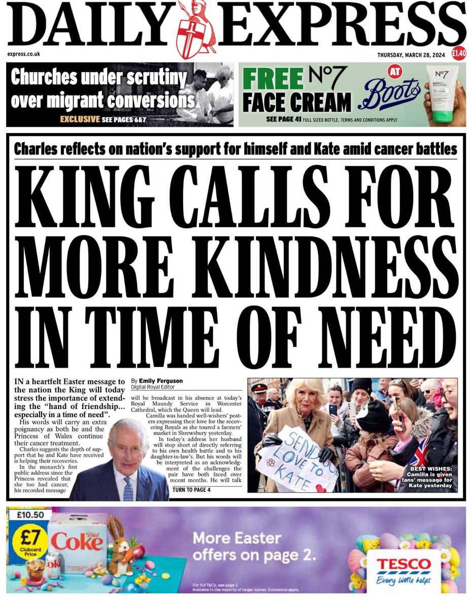 Introducing #TomorrowsPapersToday back page from: #DailyExpress King calls for more kindness in time of need Check out tscnewschannel.com/the-press-room… for a full range of newspapers. Don't forget to support journalism #journorequest #newspaper #buyapaper #news #buyanewspaper