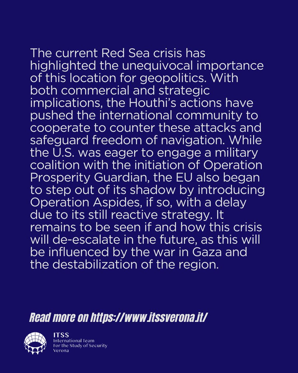 A new @ItssVerona article is out!📖 The authors explore how the most recent #RedseaCrisis has affected the region's global economy and #security landscape, considering both the actors involved and the opportunities for de-escalting the situation. 👉itssverona.it/turbulent-wate…
