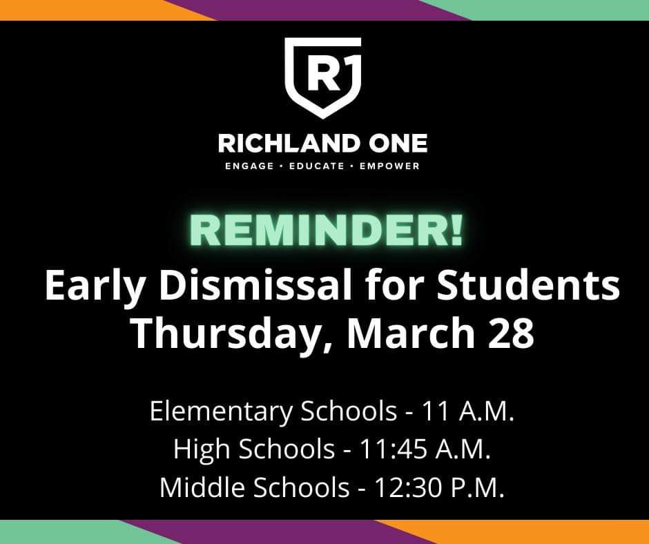 As a reminder, tomorrow (Thursday, March 28) will be an early dismissal day for Richland One students. Thursday will be the last day of classes for students before Spring Break begins Friday, March 29 and runs through Friday, April 5. #TeamOne #OneTeam