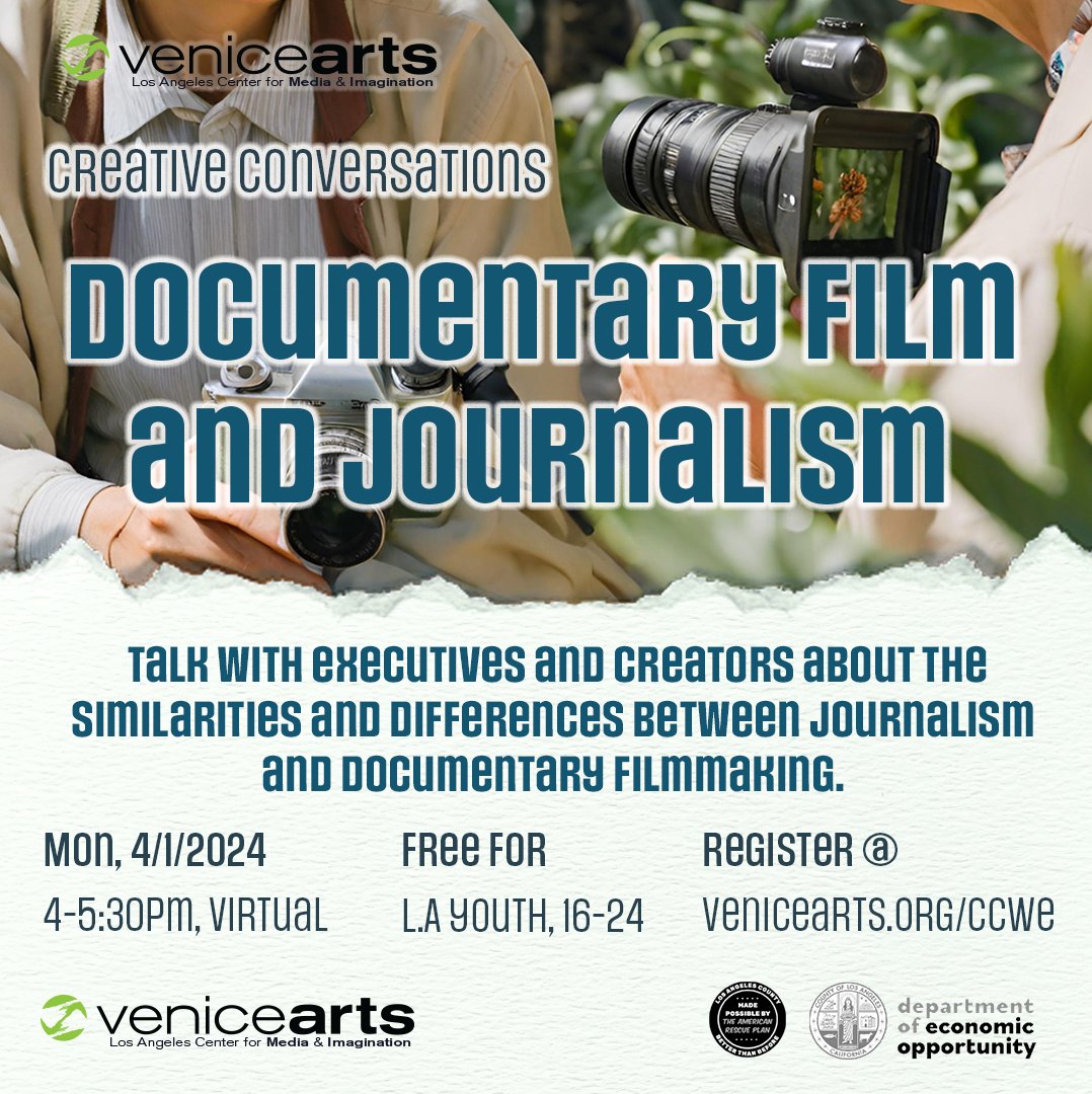 venicearts's tweet photo. Join us on April 1 for a thought-provoking discussion featuring Clark Burnett and Caitrin Rogers. Explore the intriguing parallels and distinctions between journalism and documentary filmmaking. Sign up once for the entire series at https://t.co/gxuxTrTKt2 today! https://t.co/djJ0BIY2Hz