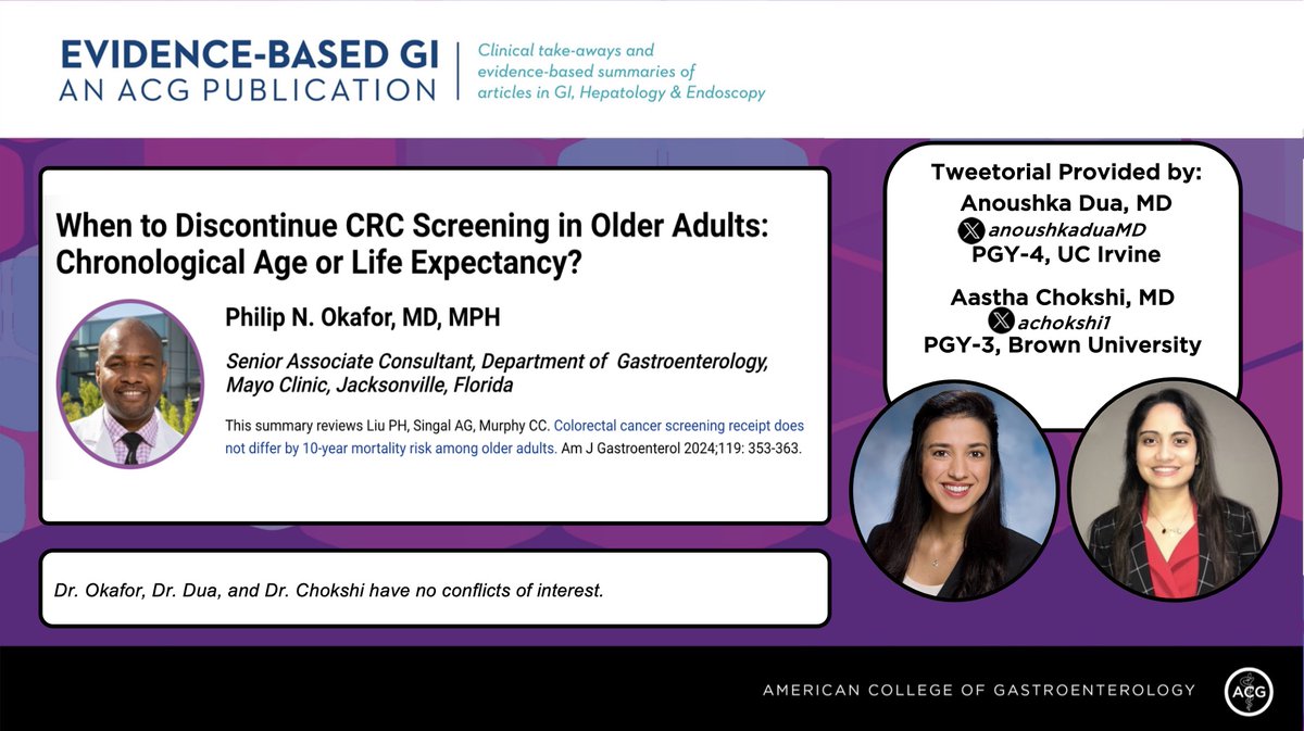 1/ ⏰ for #EBGI Tweetorial🧵w/ @anoushkaduaMD & @achokshi1! “When to Discontinue CRC Screening in Older Adults: Chronological Age or Life Expectancy?” 📜Summary: shorturl.at/mpRZ4 🎧 shorturl.at/aDNOT 📰 shorturl.at/tESZ6 #GITwitter