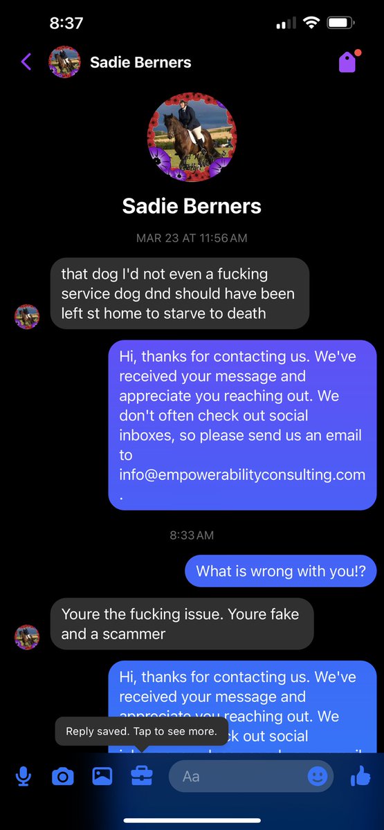 sampson_dog's tweet image. Admin: The ugly side of social media. We try to remain a positive influence but this was despicable. 

Direct message on Facebook, (with spelling corrections) for clarity, “that dog not even a f**king service dog and should be left at home to starve to death.” They are…