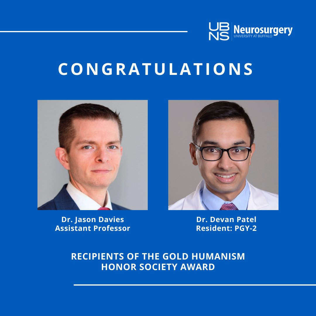 We're thrilled to share the exciting news that two members of #UBNS have been inducted into the @Jacobs_Med_UB Gold Humanism Honor Society, for embodying the highest standards of compassion, empathy, altruism, and professionalism in #medicine. 🎉@JMDaviesMDPhD & @DevanPatelMD 🎉
