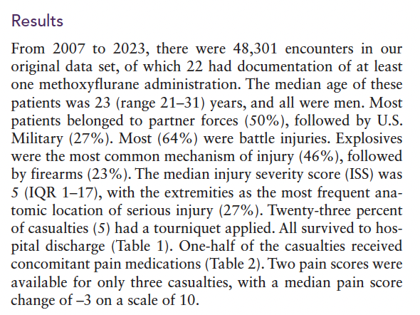 An important paper in @JSOMonline by @armyemdoc @fisherad1 and Michael April. Data supporting the use of Penthrox, this time in the combat setting. 22 uses, including 6 in US personnel. Ping @TacTrauma @UKTacMed @PoliceMedics @ATMA_Tactical @TacMedNZ @cantacmed @MCGOpMed