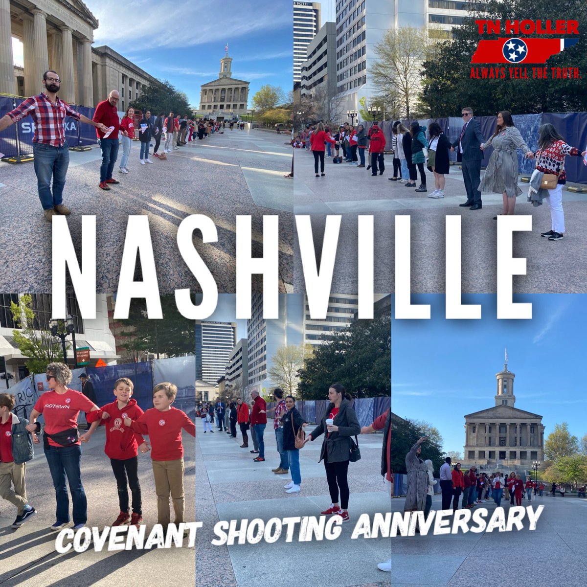 HAPPENING NOW: A human chain from Vanderbilt Hospital to the Capitol in NASHVILLE to protest the fact that nothing has changed, no gun safety laws have passed to protect kids in schools — on the anniversary of the Covenant shooting.