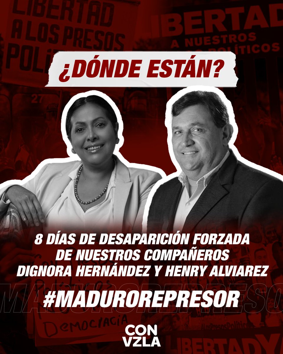 🆘 ¡8 días de #DesapariciónForzada! 

El #20Mar nuestros compañeros Dignora Hernández y Henry Alviarez, fueron secuestrados por el régimen. Desde entonces, seguimos sin conocer su paradero. 

‼️ Exigimos fe de vida de nuestros compañeros y su libertad inmediata.