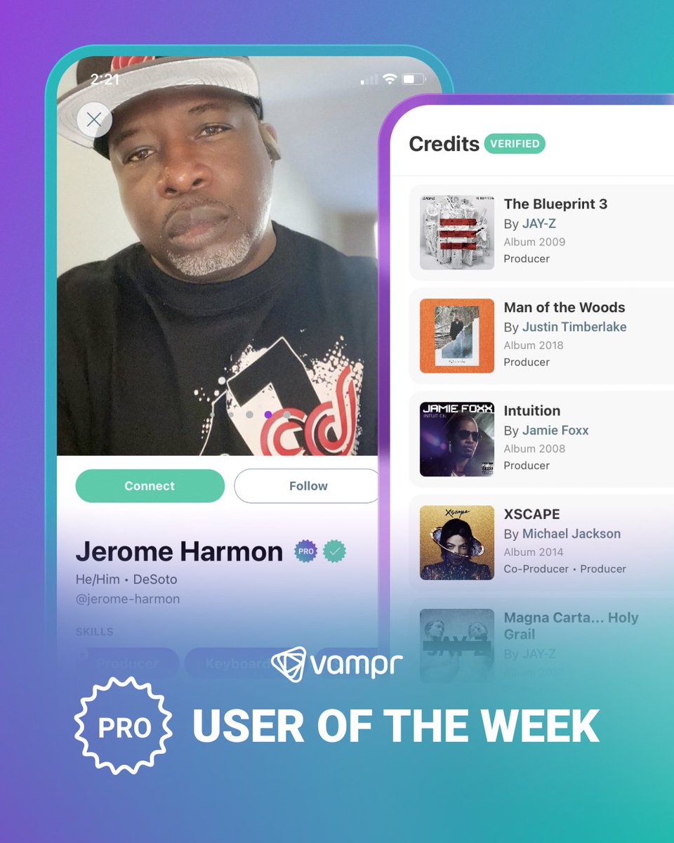 🎶 Say hello to this week’s #Vampr Pro User of the week Jermone Harmon / @JrocThaGhost, who is a multi-GRAMMY-winning #Producer, #Songwriter, #Keyboardist & #Beatmaker, who has worked with legends like @Beyonce, #JAYZ, @jtimberlake & more! 😍 Connect with Jerome on Vampr today: