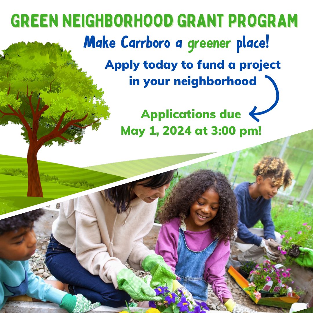 The Green Neighborhood Grant Program seeks to help bring our community together through implementing local sustainable projects. ♻️🌳 Applications for funding are due May 1 at 3:00pm!  Visit carrboronc.gov/2778/Green-Nei… to learn more about the grants and apply.