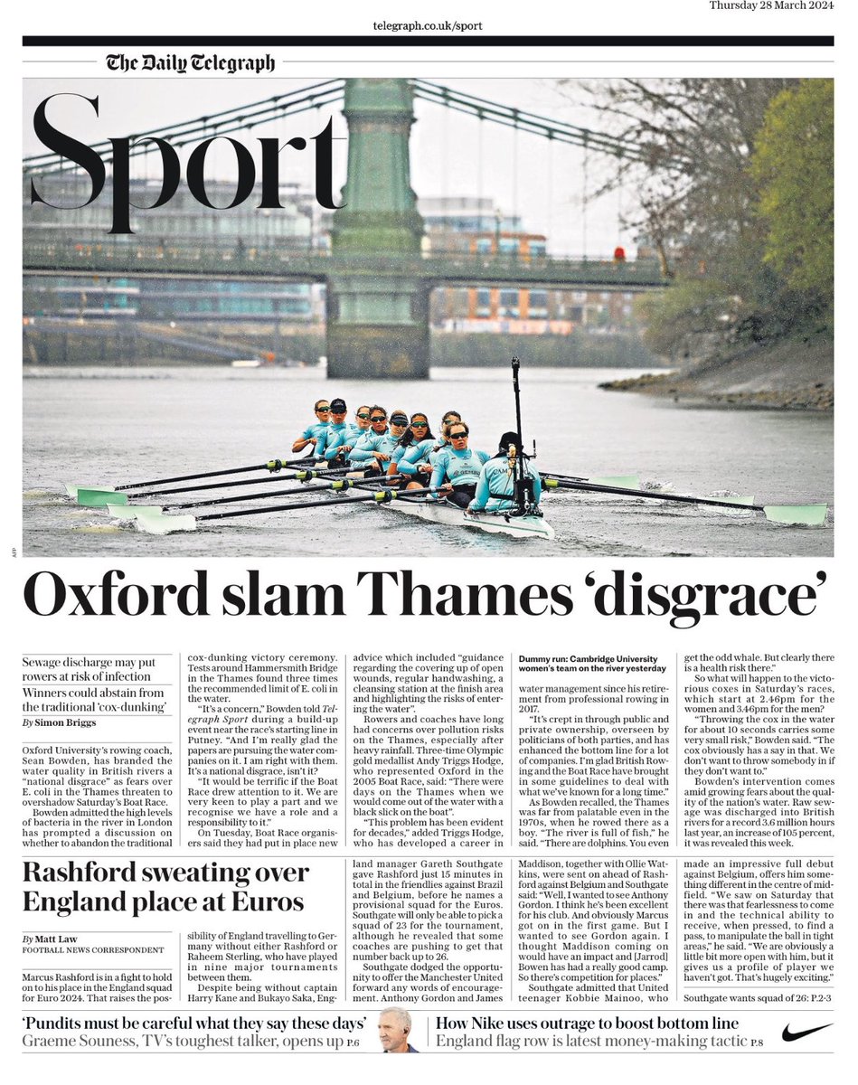 Introducing #TomorrowsPapersToday back page from: #DailyTelegraph Oxford slams Thames disgrace Check out tscnewschannel.com/the-press-room… for a full range of newspapers. Don't forget to support journalism #journorequest #newspaper #buyapaper #news #buyanewspaper