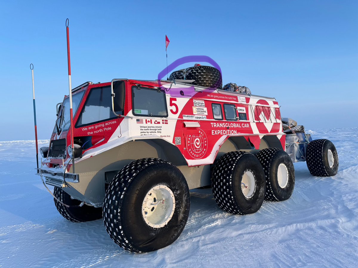 ACPRacing's tweet photo. The https://t.co/ZvF6KIHg6q expedition is at 85°54′N. How far is that? Only 284mi to the NORTH POLE. And we’re sending all our socials AND scientific data for ice thickness & cosmic ray penetration via @Starlink It’s incredible. Honest thanks @elonmusk it’s changed comms and safety in the Arctic.