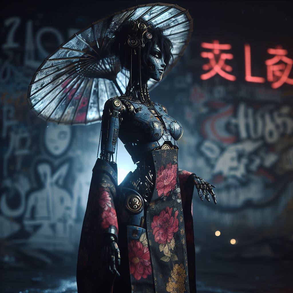 Stylez_Morales's tweet photo. One of my earliest prompts from my days in Night Cafe was the cyber geisha, here's an updated version of that prompt! 

Made with @MSFTCopilot #designer #cyber #geisha #AIphotography #darkfantasyart #beauty #robotmodel #cyborgmodel #cyberfashion #fashion #beauty #dystopian https://t.co/CxqZpQ3nDB