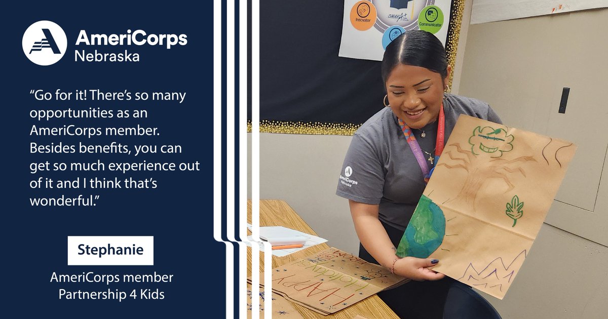 Stephanie is a graduate of the @Partnership4kids program & now, as an @AmeriCorps member with the program, she provides guidance to students at her alma mater, Omaha South!  Here's what she'd tell someone considering #AmeriCorps service. #ChooseAmeriCorps