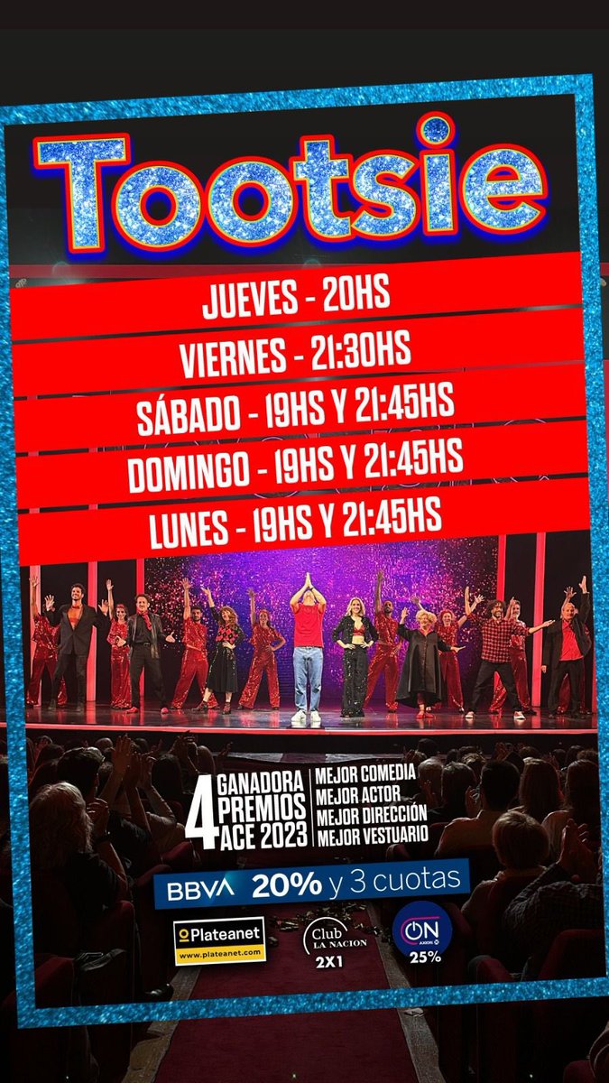 vazqueznico's tweet photo. Por la gran demanda agregamos funciones este finde XL! 
No te pierdas esta oportunidad!  Entradas acá👉🏽 https://t.co/rMyCiOnl9o  o en boletería! Gracias al publico por tanto cariño! #Tootsie Todo lo que nos desean a nosotros el doble para ustedes!! 
❤️🎭🙌🏽👆🏽 https://t.co/mhivCjWoEb