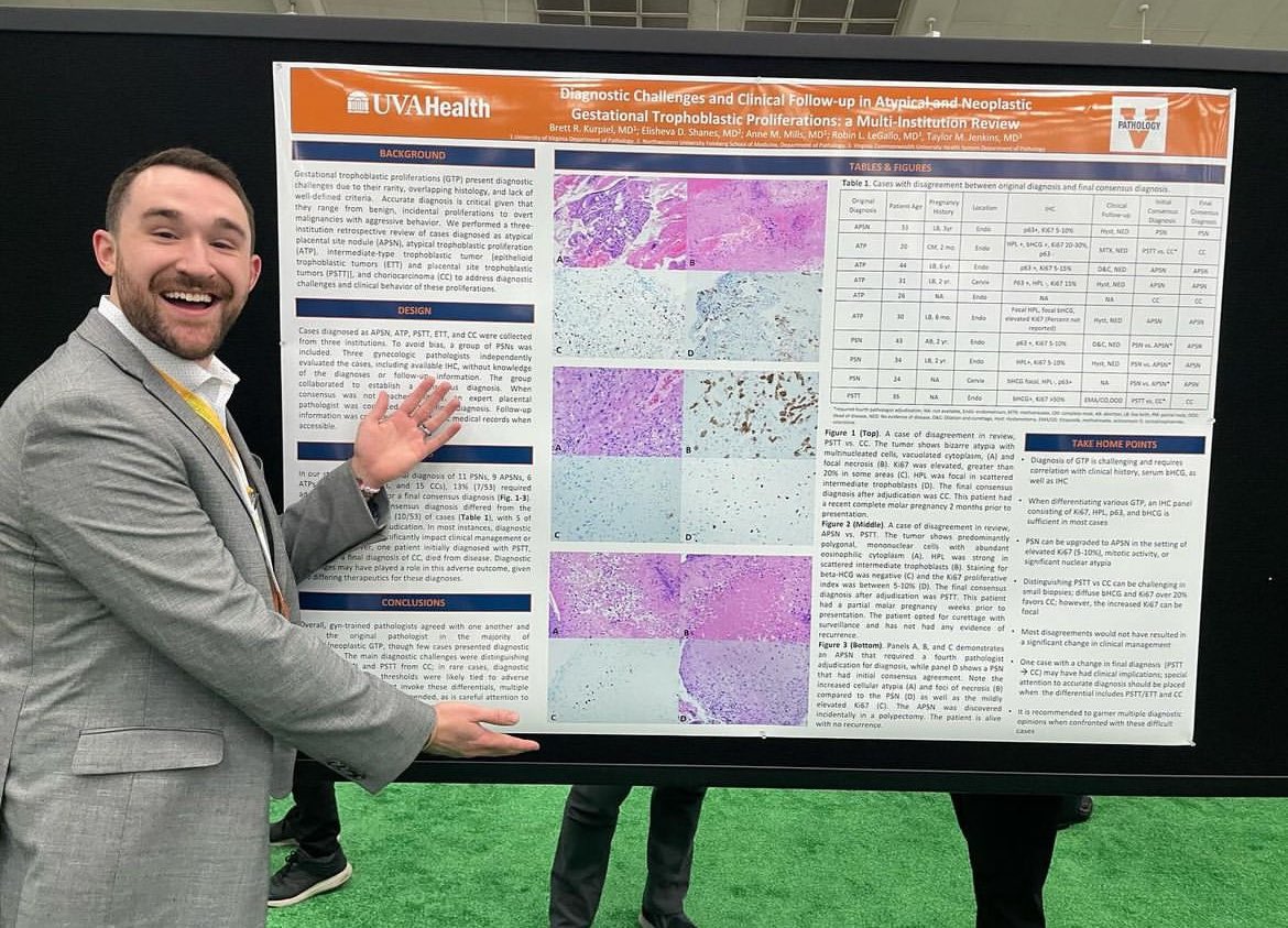 Kudos to @basophil_brett and @TaylorJenkins89 for a great poster presentation on gestational trophoblastic disease! This was a really fun collaboration. #uvapath @UVA_Pathology #uscap2024