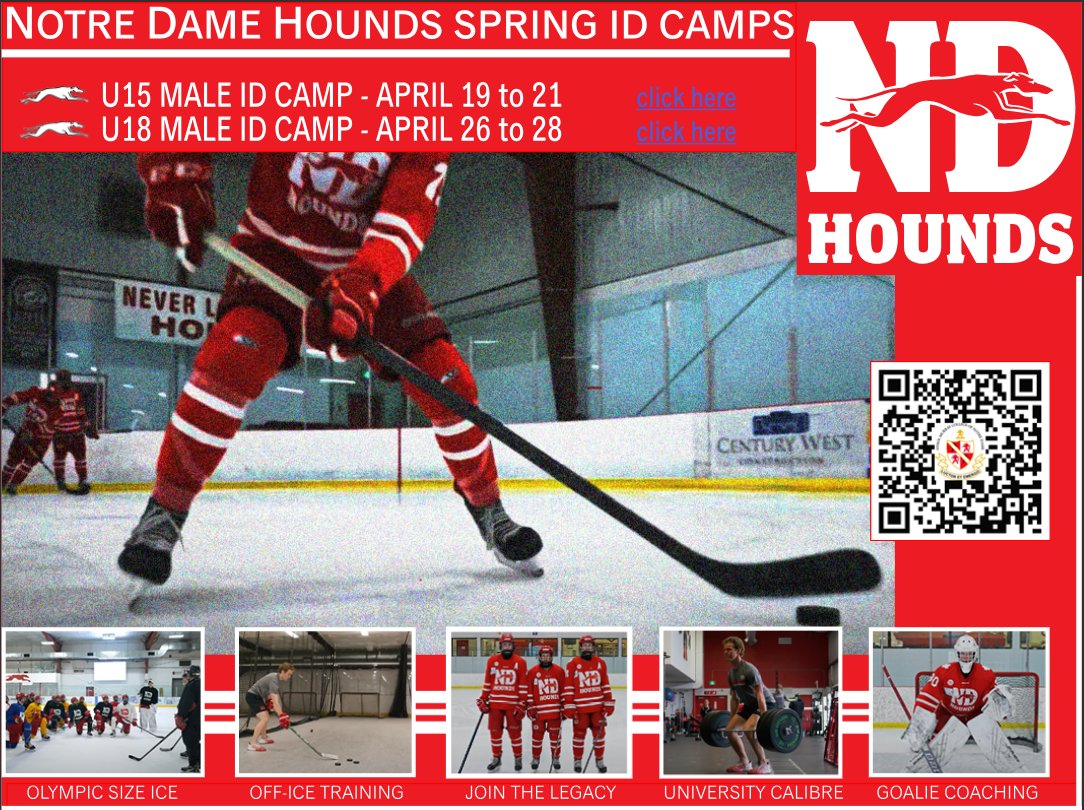 The Notre Dame Spring Hockey ID Camp Registration is still open for both the U15 & U18 Male Divisions. For further information or to sign up, please use the link below. Link and contact info: notredame.ca/hockey/id-camps #ndhoundshockey #amcnotredame #ndhockeycamp #notredamehounds