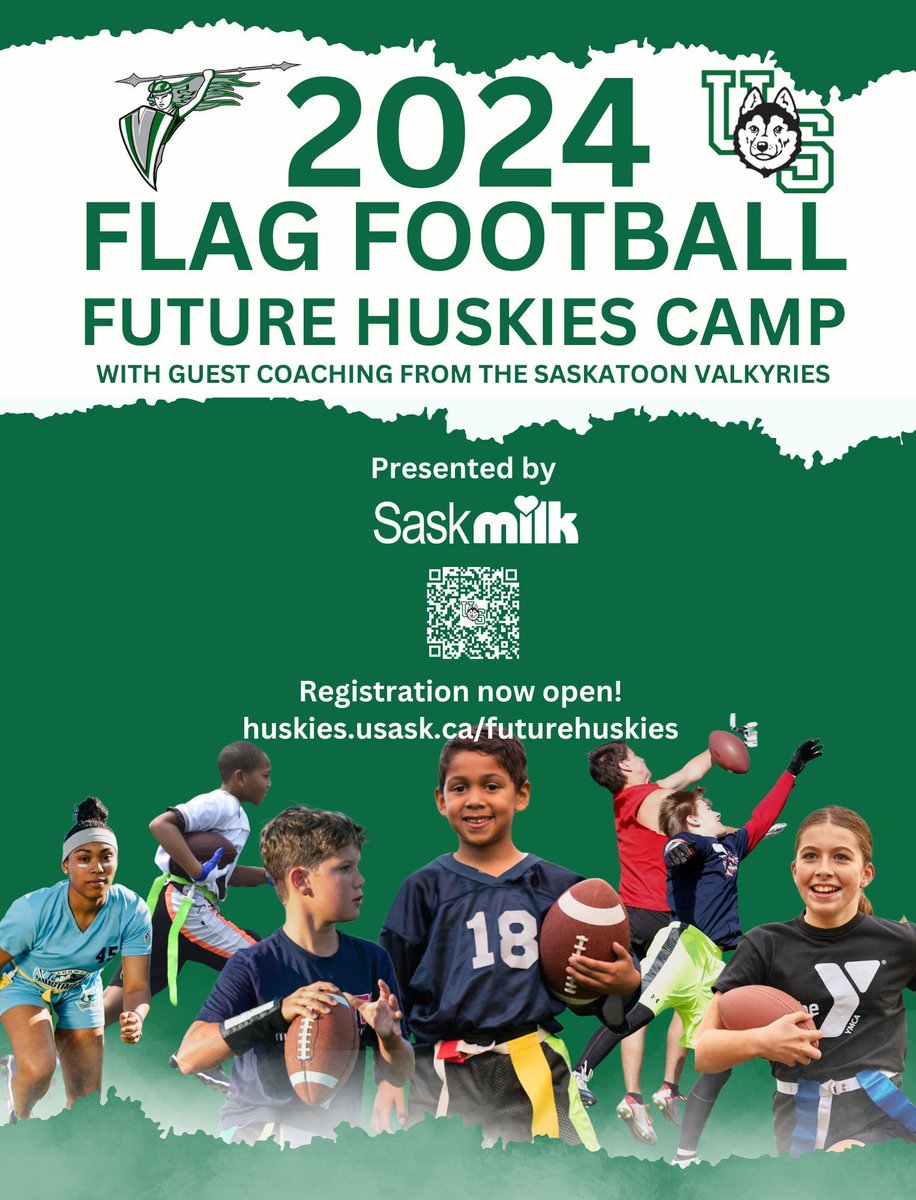 Join the @skhuskies and @ValkyriesYXE for youth flag football camps this July. Special guests @sskroughriders will be joining us one day and delivering a 'Win with Wellness' message to all youth. Presented by @SaskMilk camp registration now open at buff.ly/43X5u3w