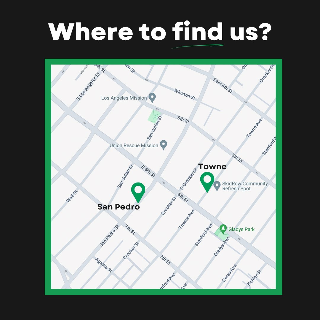 Check out our climate stations in Skid Row, located in 📍San Pedro and 📍Towne! From water and masks to heating and cooling services, and even Narcan, we've got you covered. Swipe through to see where we're located and the services available!