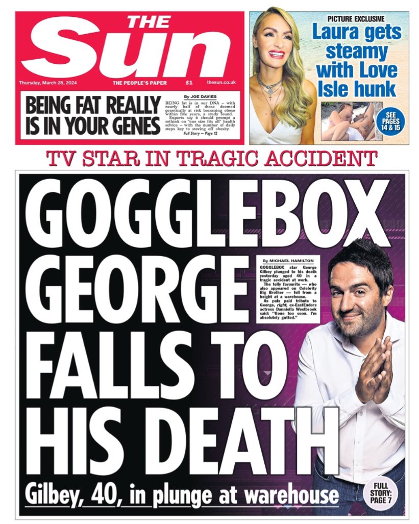 Introducing #TomorrowsPapersToday from: #TheSun Gogglebox star George falls to his death Check out tscnewschannel.com/the-press-room… for a full range of newspapers. Don't forget to support journalism #journorequest #newspaper #buyapaper #news #buyanewspaper