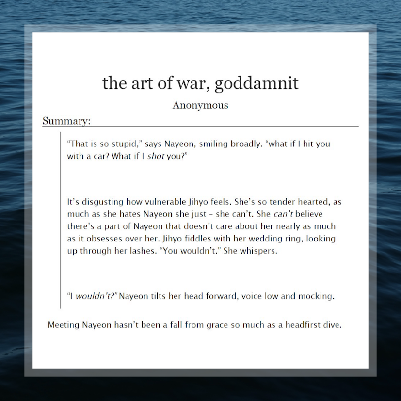 #ggjukebox DAY 3: the art of war, goddamnit (twice, nayeon/jihyo) archiveofourown.org/works/54629752