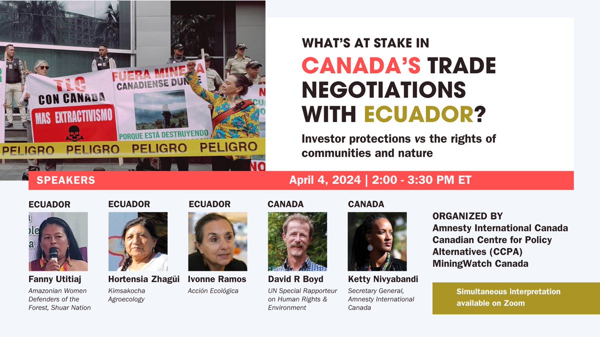 Don't miss it!🌿JOIN US on April 4 for an exciting #EarthMonth event: The UN's @SREnvironment in conversation with Ecuadorian women defenders of the right to a healthy environment. Intro by @AmnestyNow's @kettynivyabandi. Register now👉🏾bit.ly/Canada-Ecuador…